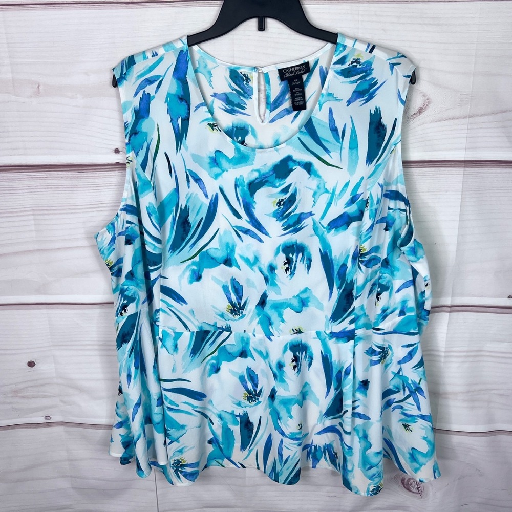 Catherines Top Womens 4X‎ Green Floral Watercolor Black Label Tank Sleeveless